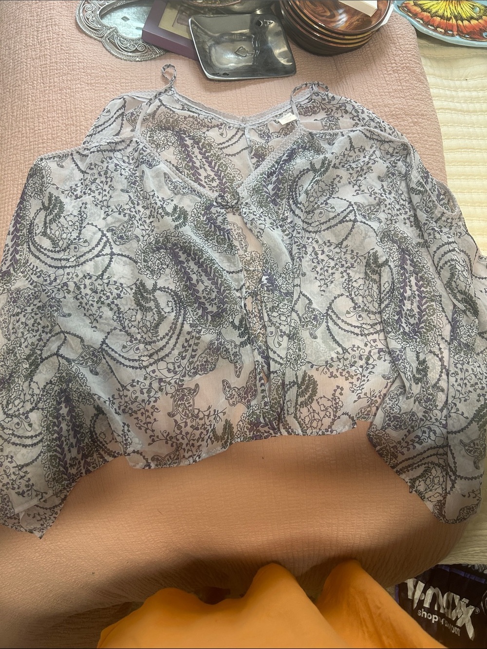 Wild Pearl Sheer Paisley-Print Whimsy Blouse in Light Gray and Black